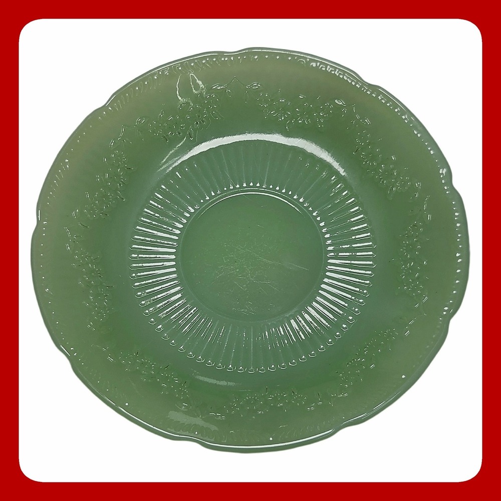 Floral Embossed Jadeite Green Milk Glass Saucer 6in Scalloped Edge Plate VTG